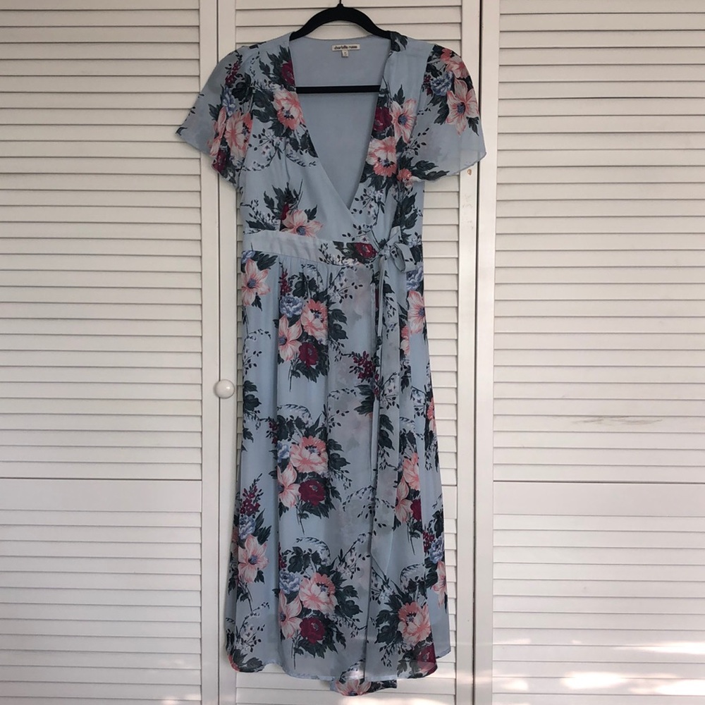 Baby Blue Floral Midi Wrap Dress